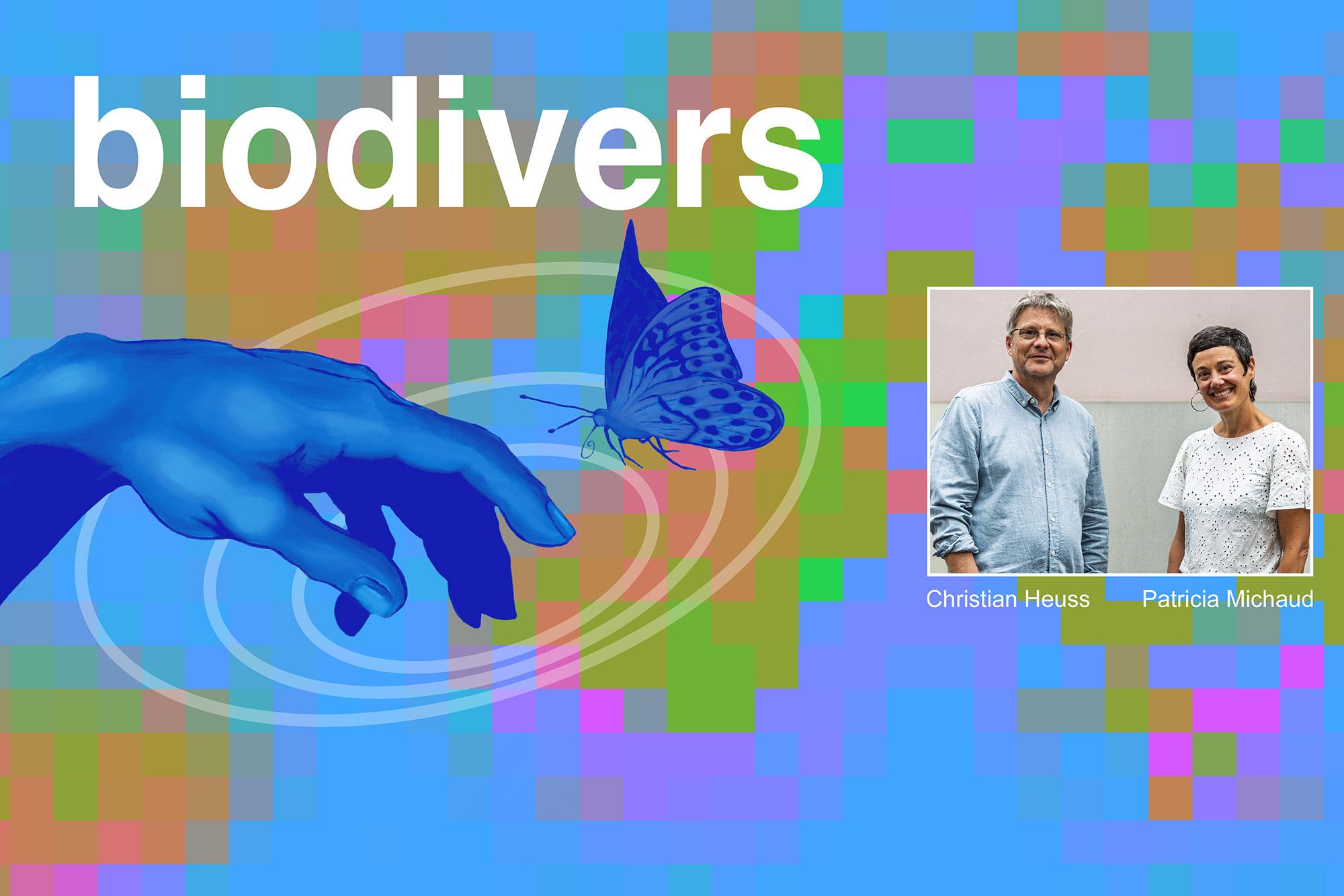 Cover des Podcasts «biodivers» mit einer blauen Hand und einem Schmetterling; daneben ein Foto von Patricia Michaud und Christian Heuss.